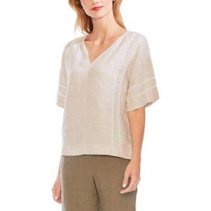 Linen Crochet-Trim Elbow Sleeve Pullover Vince Camuto Beige Top Blouse